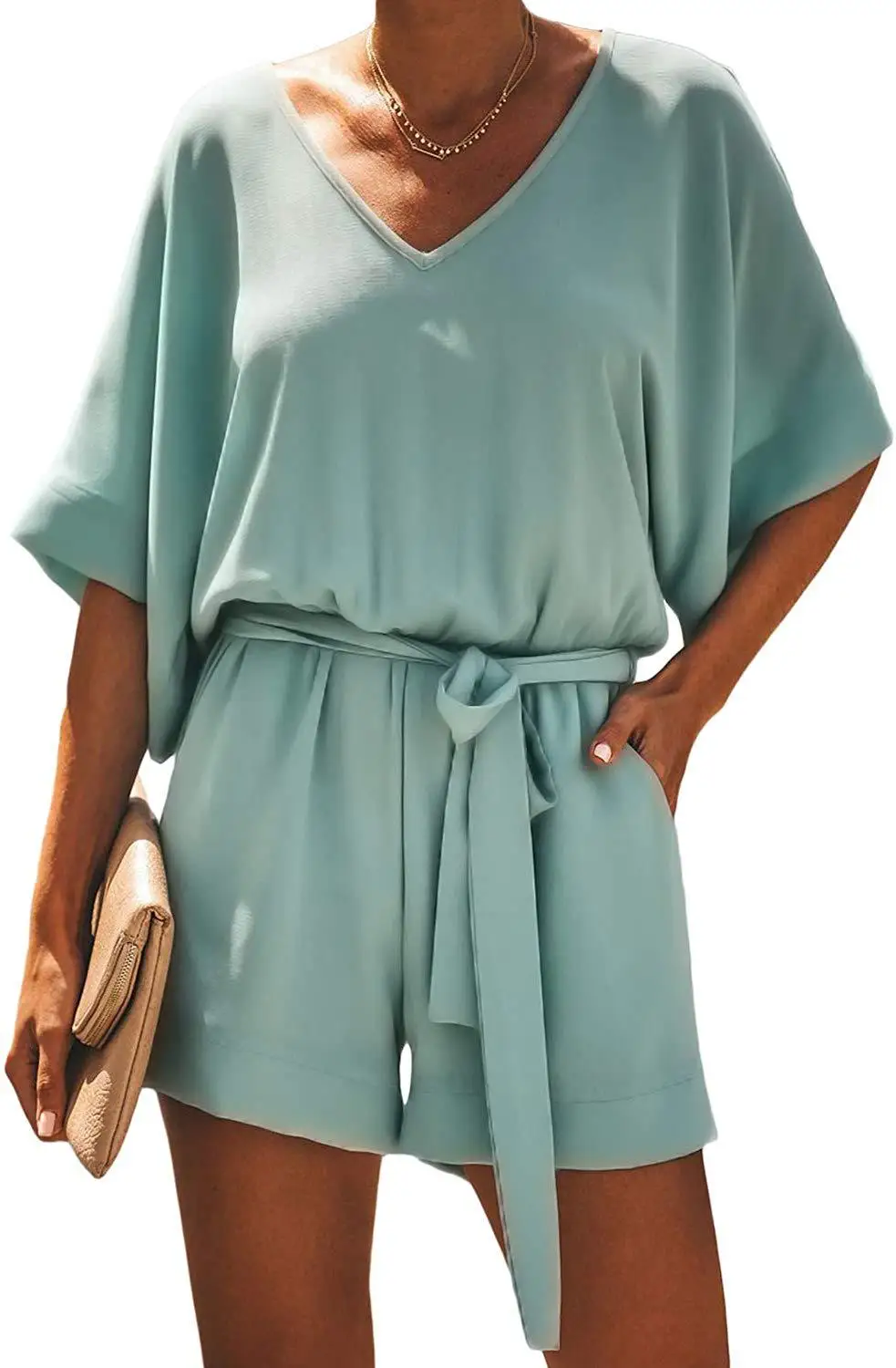 

Wide Leg Pants Female Casual Solid Color V-neck Lace Short-Sleeved Jumpsuit Chiffon Red green Bodysuit