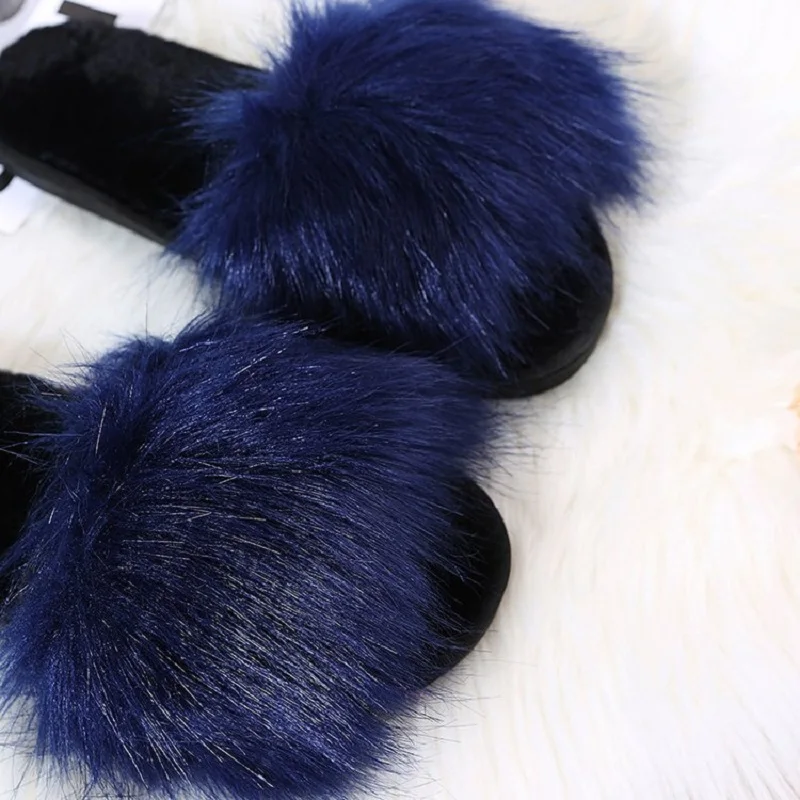 

2021 Fashion Women Furry Slippers Ladies Shoes Plush Fox Hair Fluffy Sandals Women's Fur Slippers Winter Warm Slippers