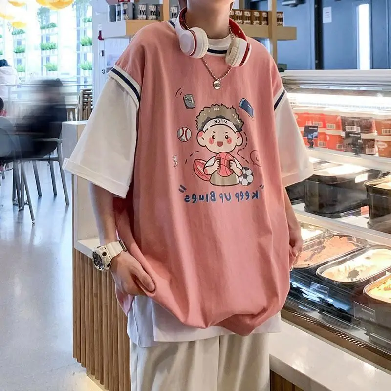 

Футболки в гонконгском стиле, новинка 2022SS, поддельная двухкомпонентная розовая футболка с коротким рукавом для мужчин и женщин, Корейская с...