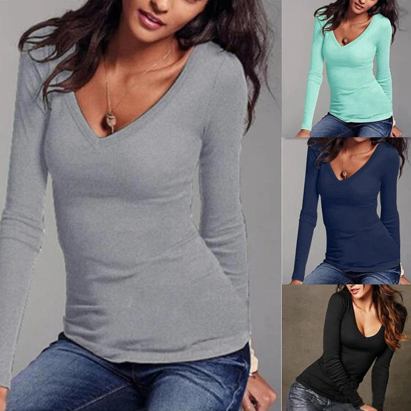 

Casual Women Slim Long Sleeves Loose Tee Shirt Autumn Winter Women Sexy V-Neck T-Shirt Fashion Solid Women Ladies Tops Tees