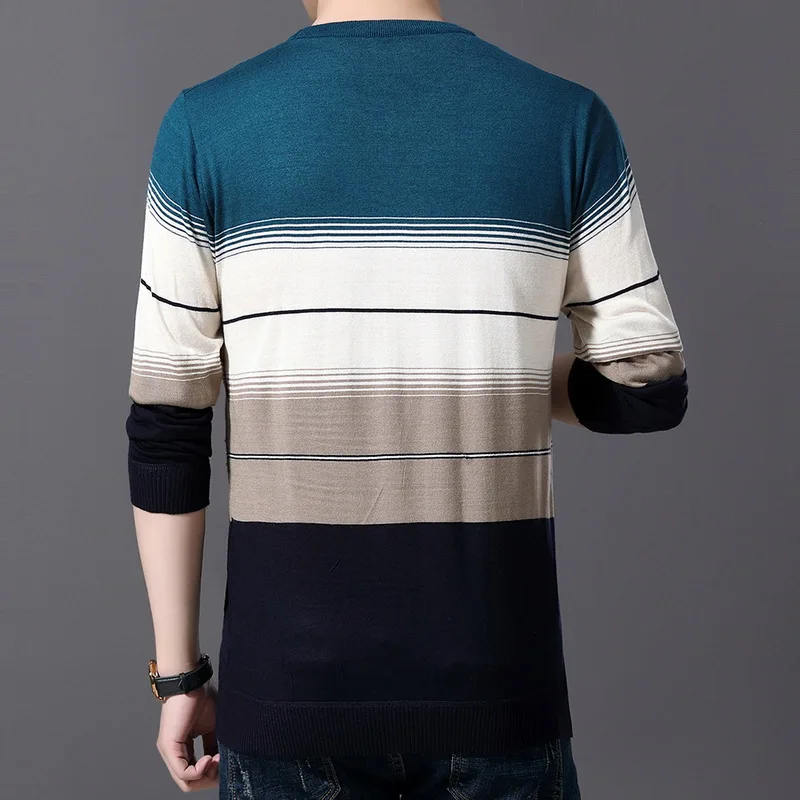 WENYUJH Autumn New Men's Sweater O-Neck Striped Slim Fit Knittwear Mens Sweaters Pullover Men Pull Homme 4XL Men Colthing