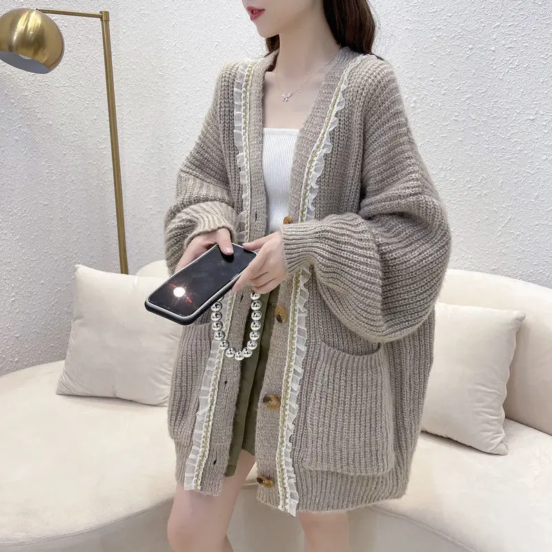 

Женские вязаные кардиганы, женский свитер, модное осенне-зимнее Свободное пальто с длинным рукавом, женские повседневные плотные однотонны...