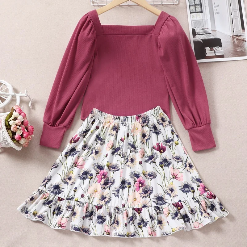 Girls Outfits Kids Clothes Girls 2 Pcs Sets Solid Long Sleeve Tops+flower Print Skirt Boho Children Clothes Spring Fall 5-10Y
