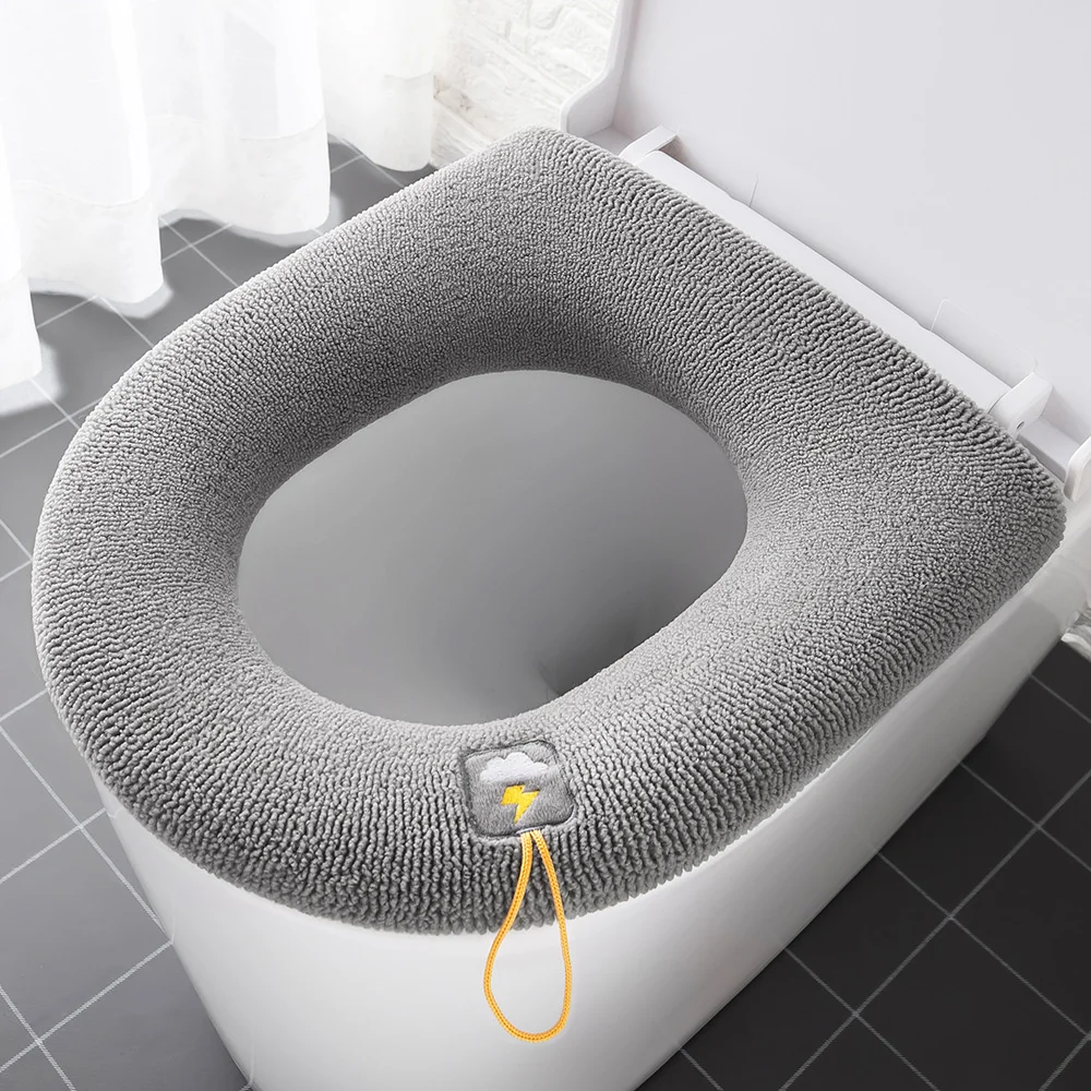 

1pc Thicken Soft Warm Plush Toilet Cushion with Portable Handle Cartoon Embroidery Universal Seat Cover Mat Bathroom Bathware
