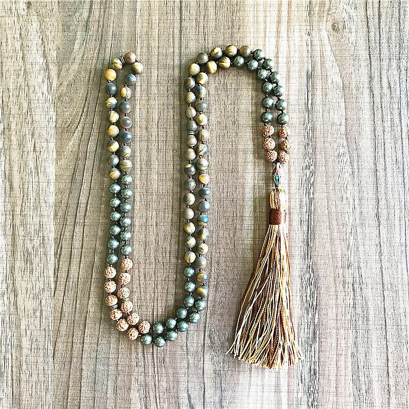 108 матовое ожерелье с тигриным глазом Mala завязанное кисточкой для медитации и