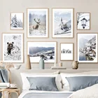 Постеры и принты в скандинавском стиле зимняя Гора сосна замок озеро олень настенная живопись на холсте настенные картины для декора гостиной