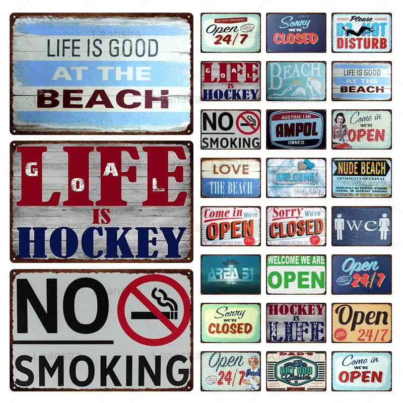 

Open / Closed Door Sign Vintage Poster Metal Tin Sign Metal Iron Plaque Plate No Smoke WC Welcome Beach Shop Bar Cafe Decoration