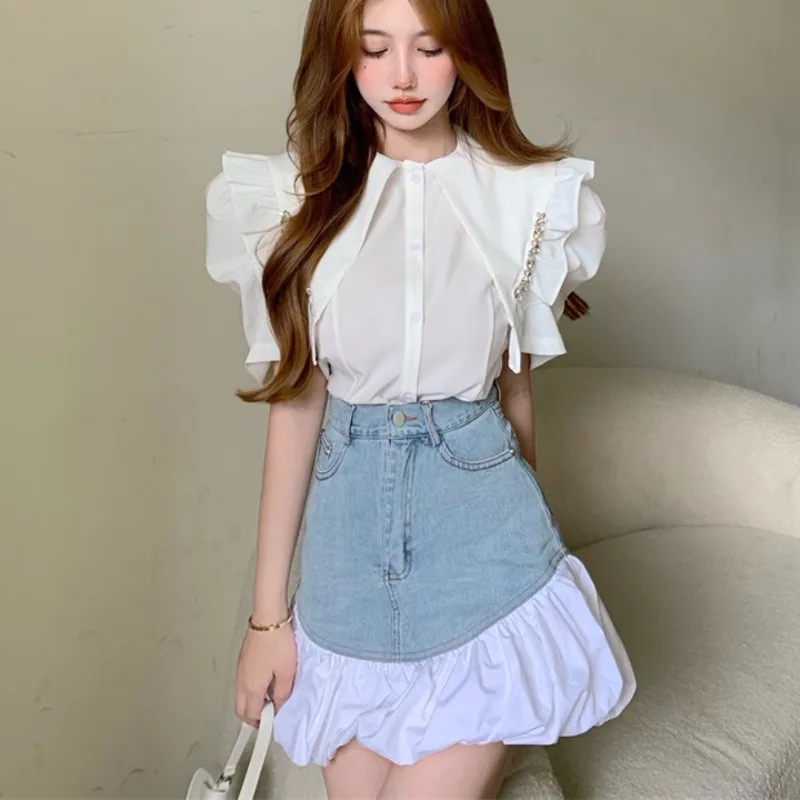 

Fashion Streetwear 2 Piece Suits Women Puff Sleeve Shirt Blouse Crop Tops + Mini Skirts Sets Ensemble Female Sweet Two Piece Set