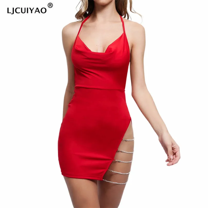 

LJCUIYAO Women Strapless V Neck Sexy Side Hollow Out Bodycon Dress Sexy Ladies Sleeveless Night Culb Clubwear Diamond Clothes
