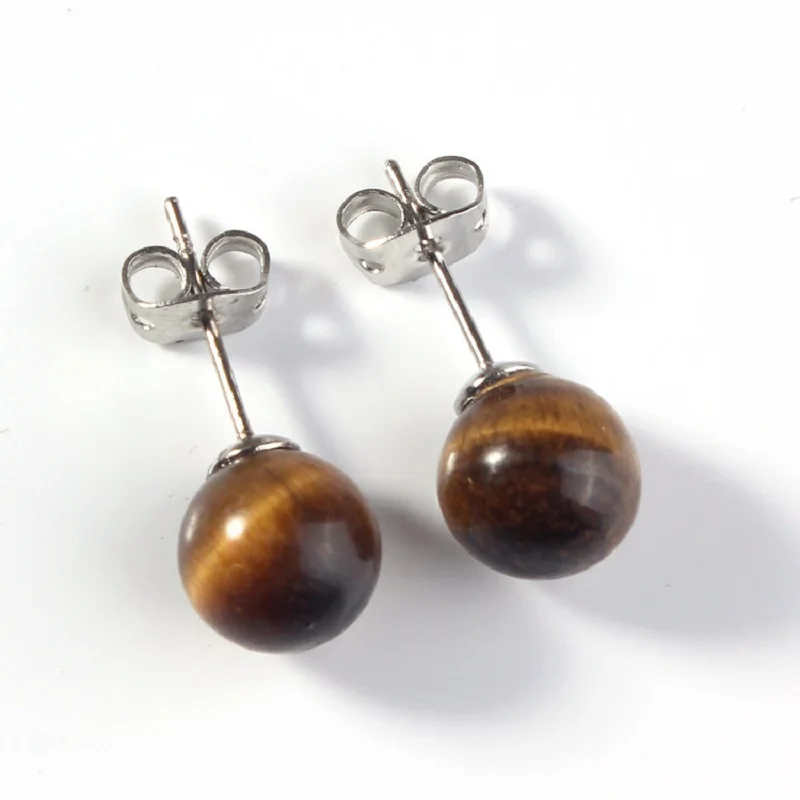 1 шт. серьги гвоздики с натуральным кристаллом тигрового глаза кварцевый