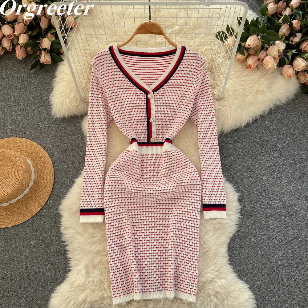 

Spring New Elegant V-neck Bukle Plaid Sweater Dress Women Striped OL Fashion Stretchy Knitting Bodycon Dress Long Sleeve Pulls