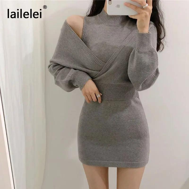 

Two Piece Knitted Dress Bodycon Mini Off Shoulder Sweater Vestidos Fall 2020 Party Vintage Elegant Black Korean Winter Sukienka