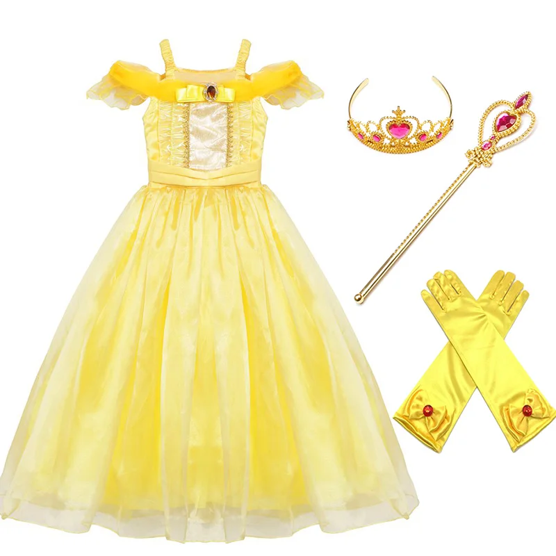 Dress3PCS Платье принцессы Белль для девочек; карнавальный костюм; Детские Вечерние платья желтого цвета с открытыми плечами; платья на Хэллоуин с короной и волшебной палочкой - Цвет: Dress3PCS