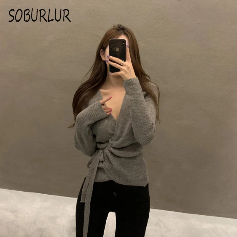 SOBURLUR 2021 осенний свитер женские блузки вязаный пуловер в рубчик с длинным рукавом