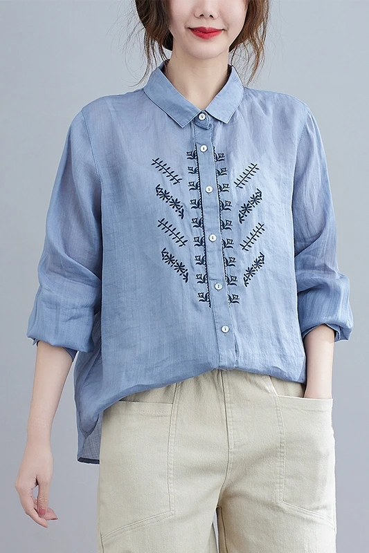 

BIG SIZE Spring Women Fashion Elegant Embroidery Tops Ladies Female Plus Large Long Sleeve Loose Cotton Linen Thin Blouse Shirt