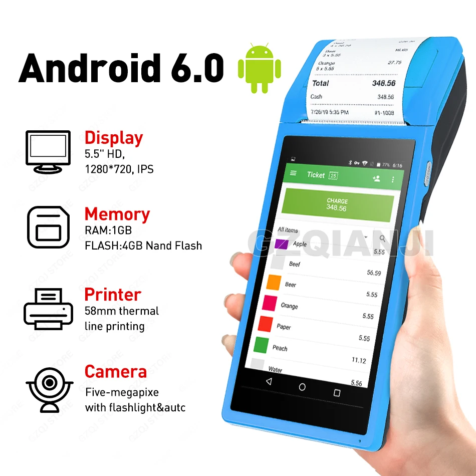 PDA POS портативное устройство pos-терминал Встроенный термопринтер bluetooth 58 мм wifi Android прочная PDA камера для считывания штрих-кода сканер 1D 2D
