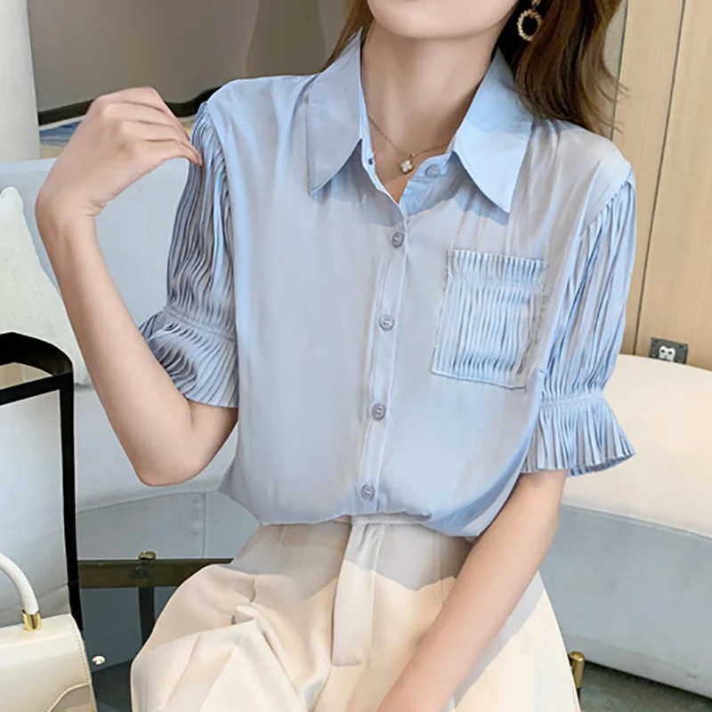 

Folds Puff Sleeve Short Blouse Women 2022 Summer Tops Ruffle Chiffon England Style Woman Clothes Womens Shirts Chemisier Femme