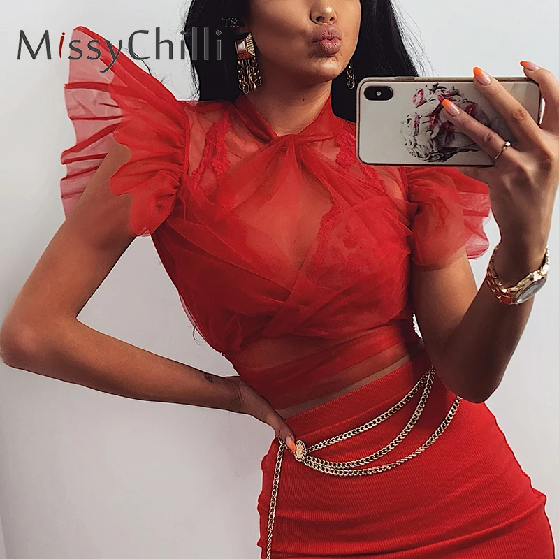 Женский сетчатый прозрачный топ MissyChilli красный короткий летняя рубашка без