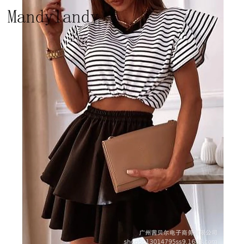 

Mandylandy Summer O-Neck Ruffle Sleeve T-shirt + High Waist Pleated Stitching Skirt Suit Women's Casual Slim Fit Striped Suit
