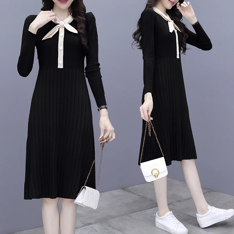 

Elegant Knitted Dress Female Autumn Winter Dress Long Sleeve Women Dress Office Lady Bowknot Casual Fashion Sweater Dress