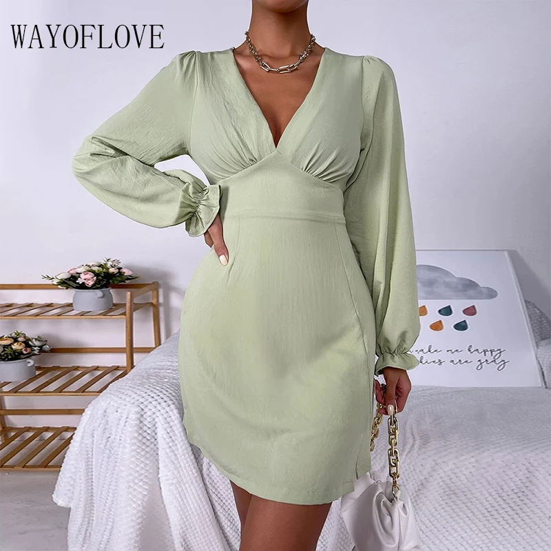 

WAYOFLOVE Spring Summer Green Dress Women Elegant Fashion V Neck Lotus Sleeve Short Dresses Woman Party Sexy Casual Dress Office