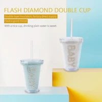 410ml flash diamond double layer drink cups summer style straw cup juice milk coffee water cup