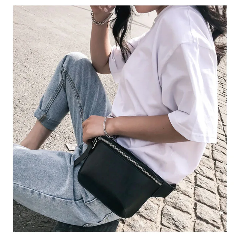 

Ladies Fashion PU Leather Black Waist Bag Outdoor Sports Chest Bag Female Handbag Messenger Bag Coin Purse Cosmetic Bag