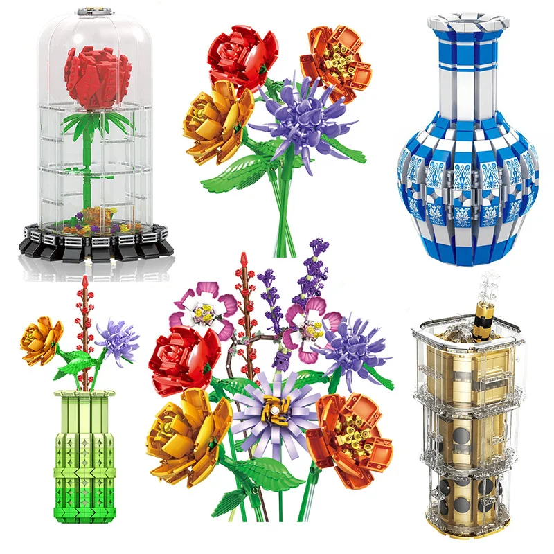 

Креативная серия ваза букет цветов Роза растения настольное интерьерное украшение Moc модель строительные блоки кирпичи игрушки подарки
