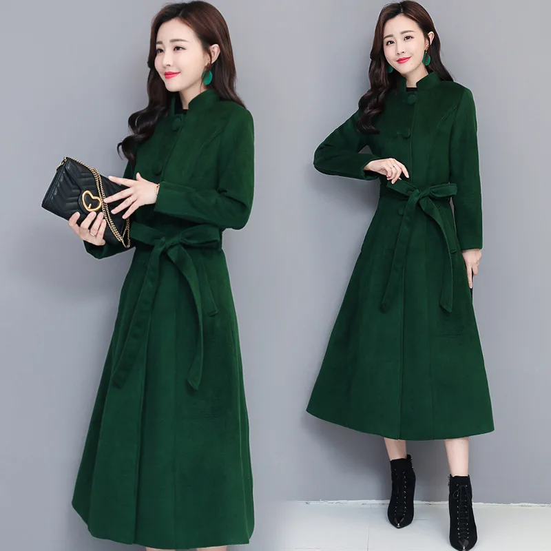Dark green Новинка, зимняя кашемировая куртка, темпераментная, стоячий воротник, длинная, шерстяная, одноцветная, пальто для женщин, выше колена - Цвет: Dark green