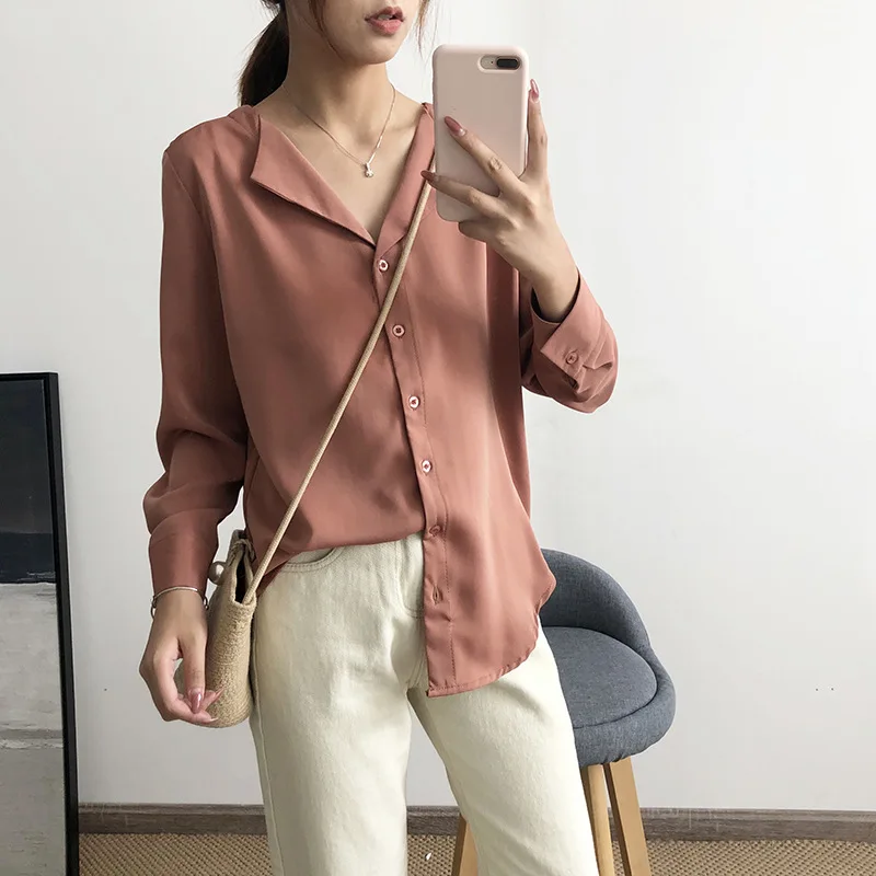 Sherhure Blusas Mujer De Moda 2019 осенние женские топы однотонная блузка с длинным рукавом