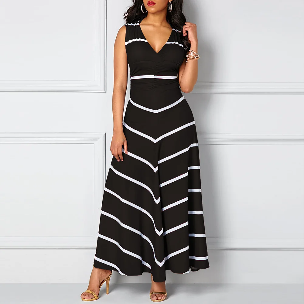 

Women Sleeveless Deep V Neck Striped Large Hem Waist Tight Maxi Evening Dress