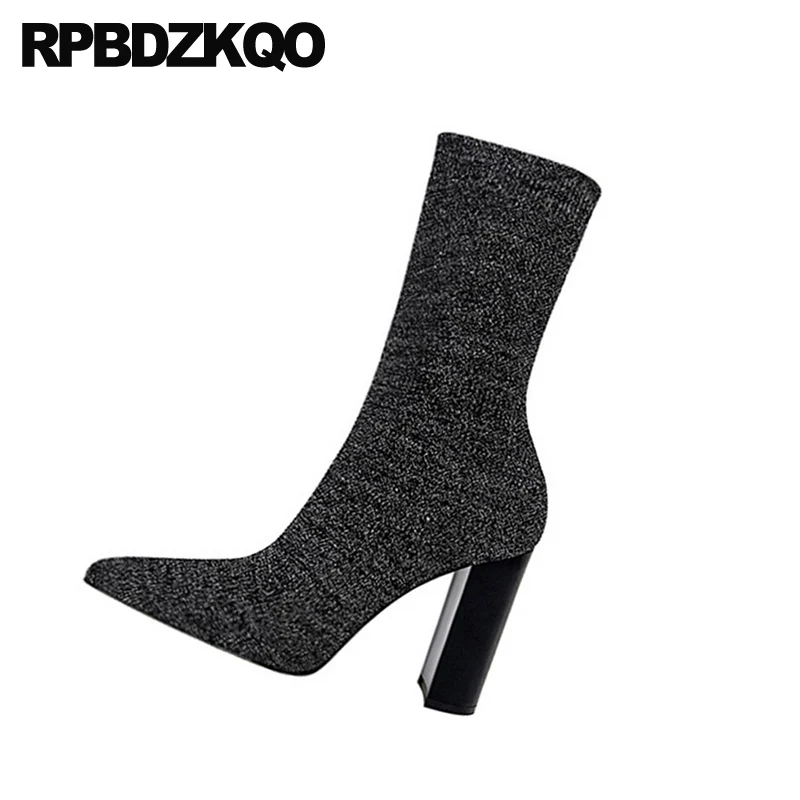 Женские ботильоны на толстом высоком каблуке демисезонные вязаные Роскошные