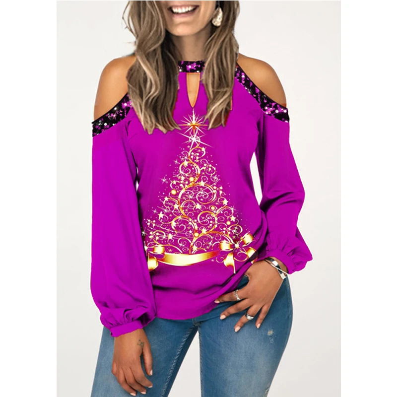 2021 New Women Fashion Cold Shoulder Christmas Tree Shirts Loose Long Sleeve Round Collar Hollow Out Xmas Holiday Blouses Tops