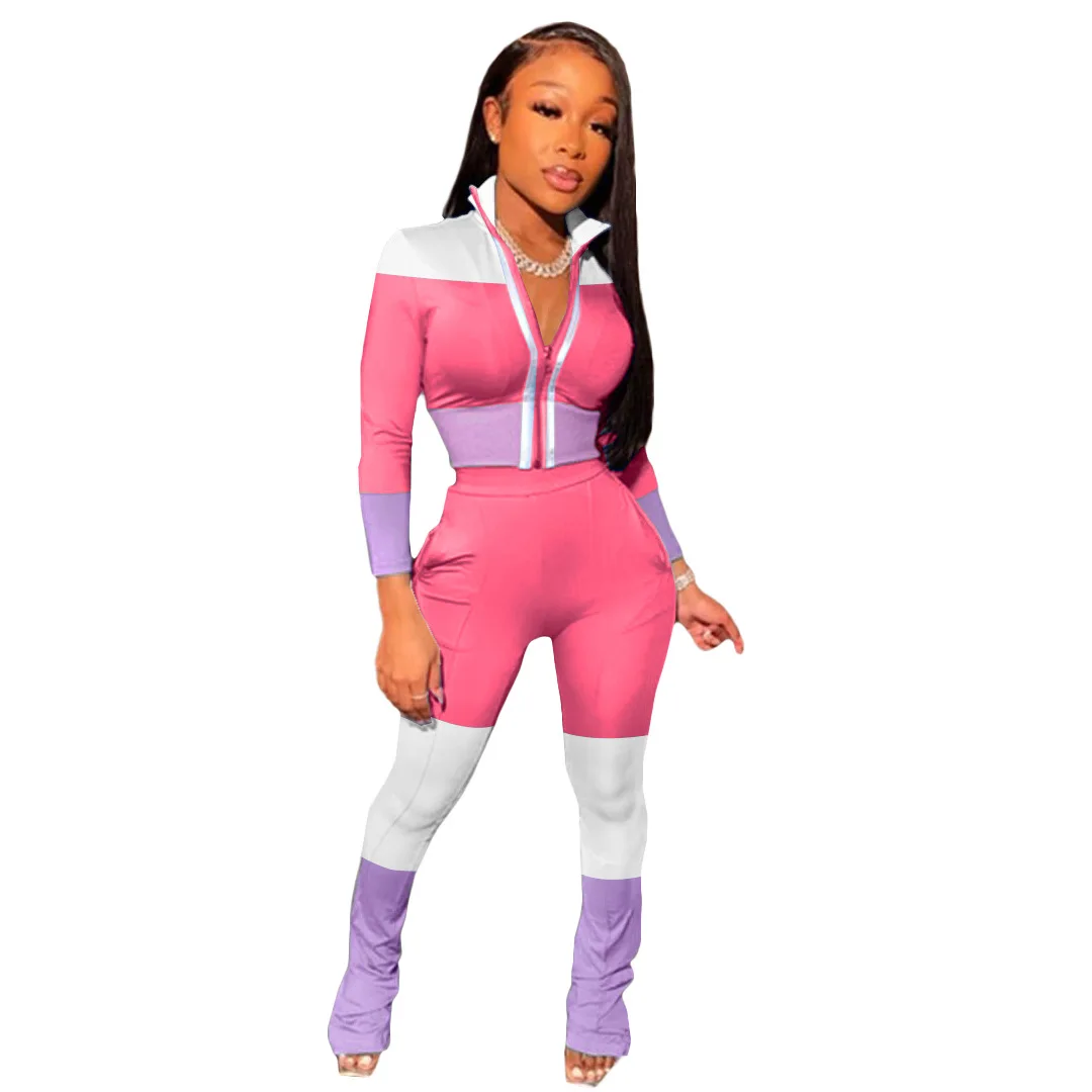 

2020 Women Casual Luminous Tracksuits 2 Piece Sets Patchwork Zipper Long Sleeve Jacket Tops High Waist Trousers Pants