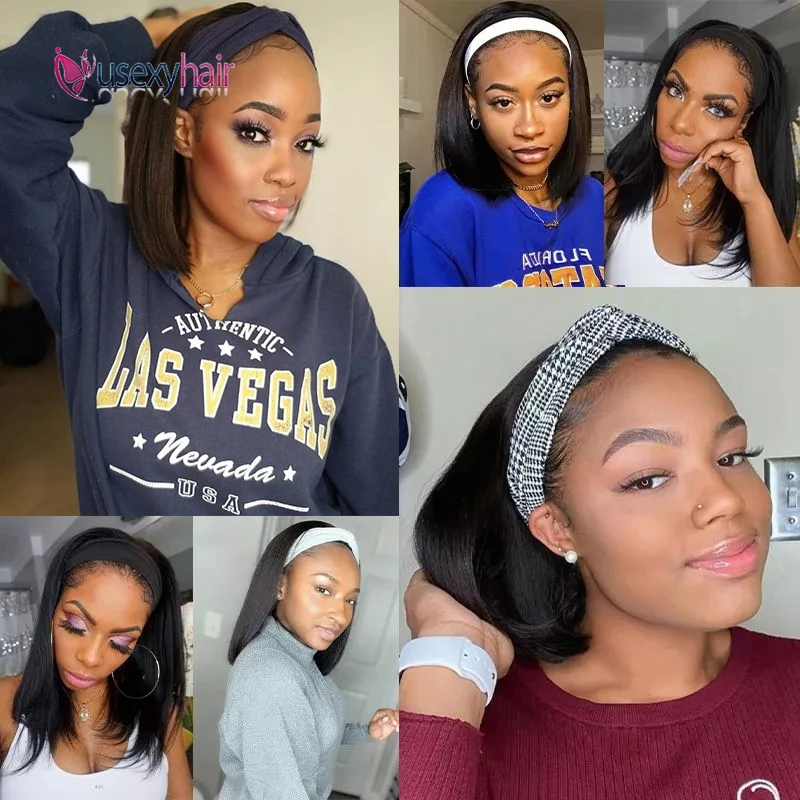 

Short Bob Headband Wig With Scarf Brazilian 100% Human Hair Wigs 8-16 Inch Full Machine Made Wigs For Black Women Human Hair