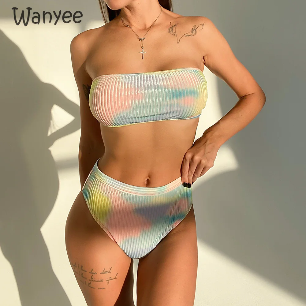 

Sexy Ladies Tie-dye Tube Top Swimsuit High Waist Two-Piece Bikini Suit Reflective Beach Summer Women's Solid Color Swimwear 2021