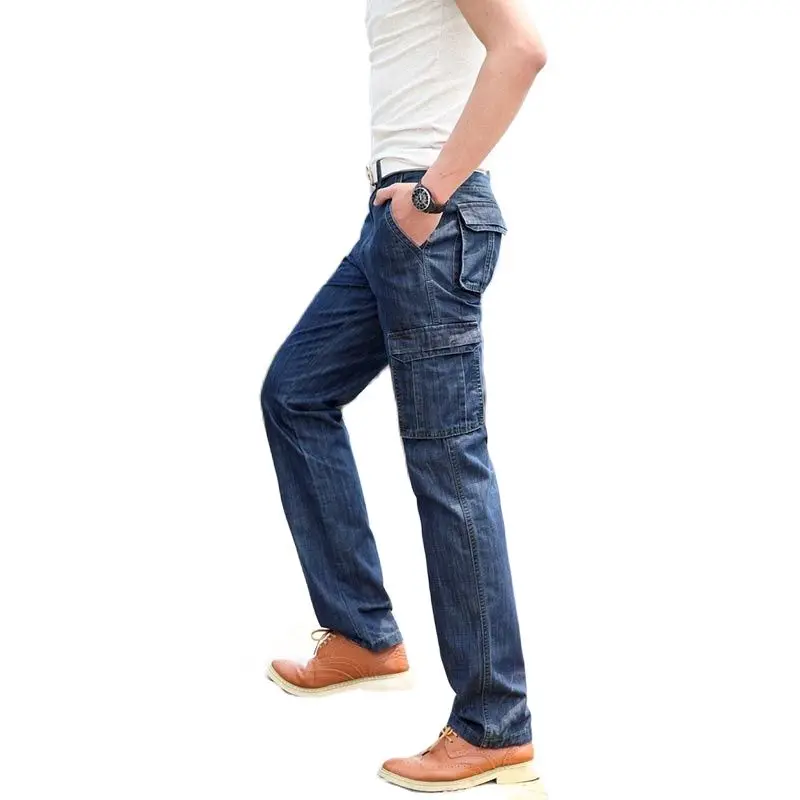 Trendy Fashion Military Jeans Denim Cargo Pants Men Cotton Loose Baggy Pockets Straight Trousers Plus Size Man Bottoms Clothing