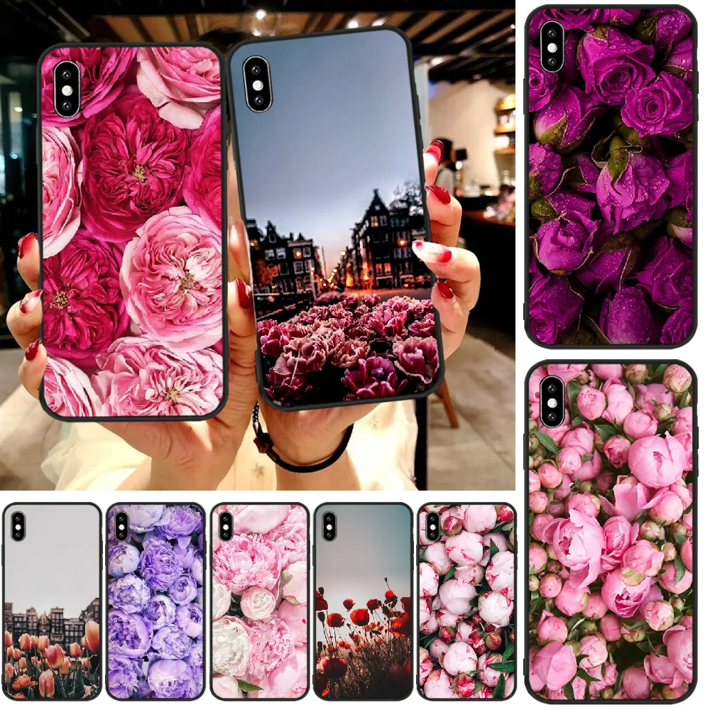 ByLoving пионы красивый цветок черный мягкий чехол для телефона из ТПУ iphone6 6s plus 7 8 X XR
