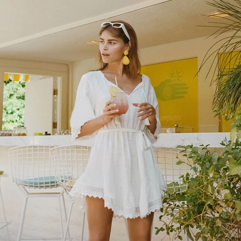 Новое поступление пляжный купальный костюм из белого хлопка и льна женская