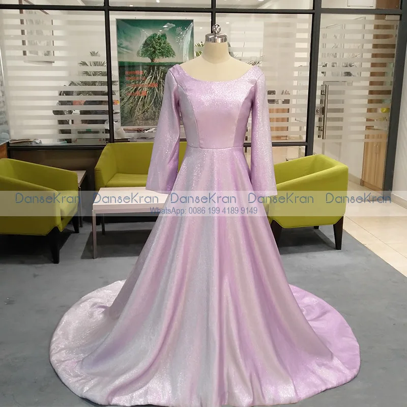 

Boat Neck Lavender Prom Dresses Long Sleeves 2021 Shiny Evening Dresses For Party Lace Up Back Court Train Formal Gown For Women