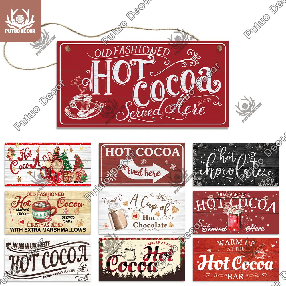 

Putuo Decor Hot Cocoa Wood Signs Christmas Decoration Wooden Plaque Retro Wood Hanging Sign for Cofee Bar Wall Home Decoration