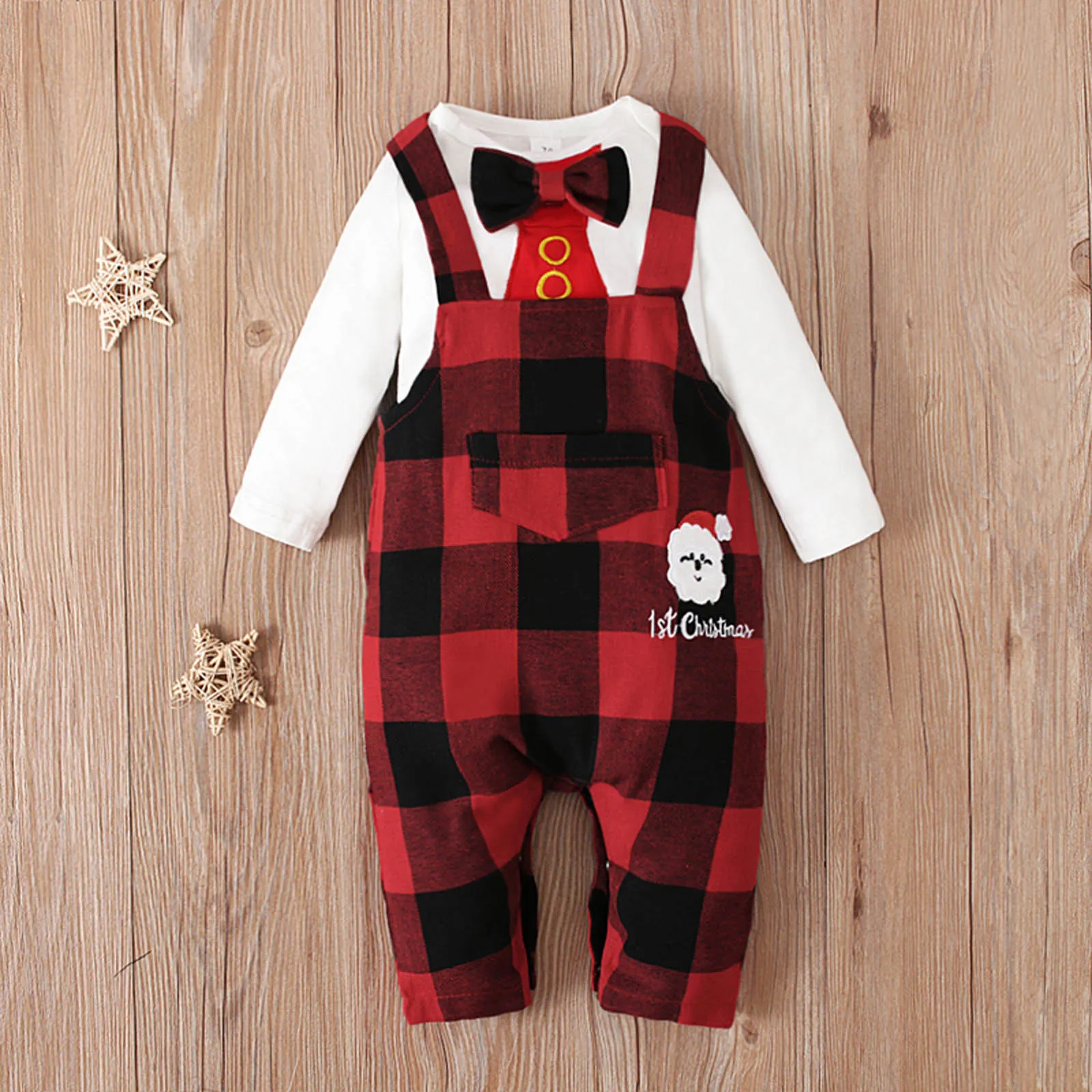 

Baby Clothes Winter Christmas Print Long Sleeve Bow Tie Romper + Plaid Suspenders Two-Piece Suit одежда для новорождëных E1