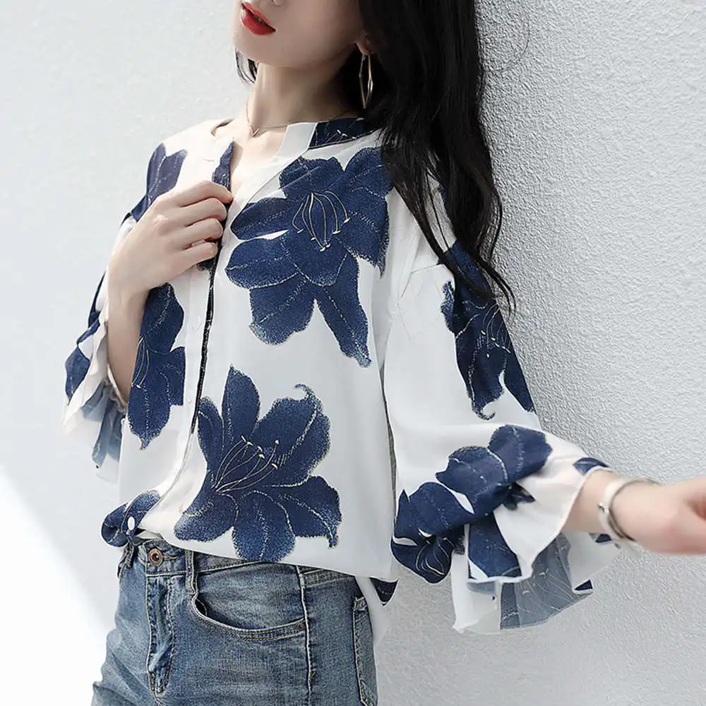 Летняя шифоновая блузка OL женское платье с v-образным воротом Цветочный принт