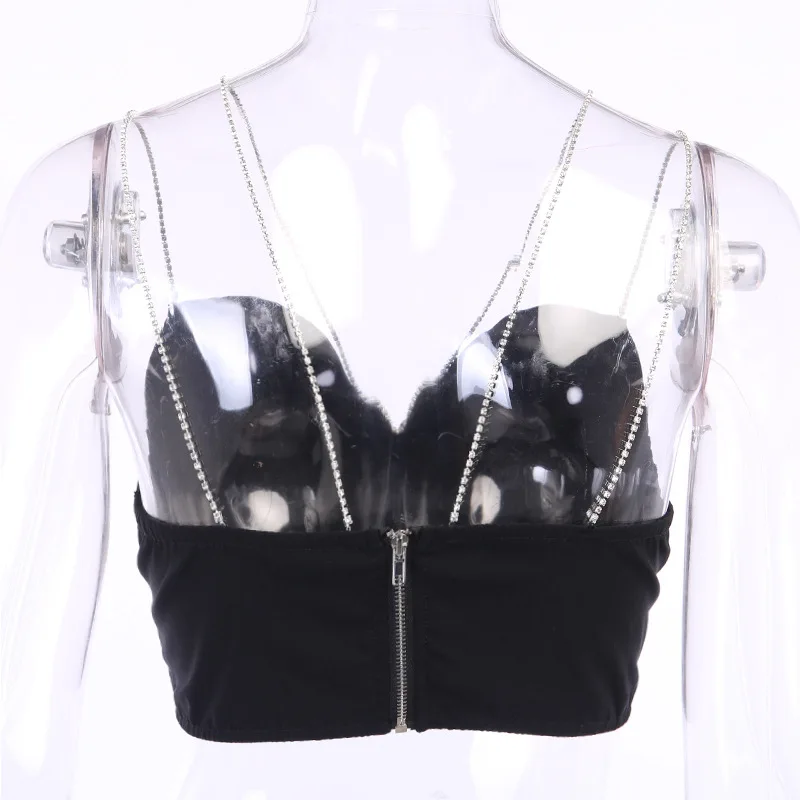 

WEPBEL Women's Sexy Chain Solid Color Short Vest Summer Fashion Spaghetti Strap V-neck Backless Slim Fit T-shirt Top