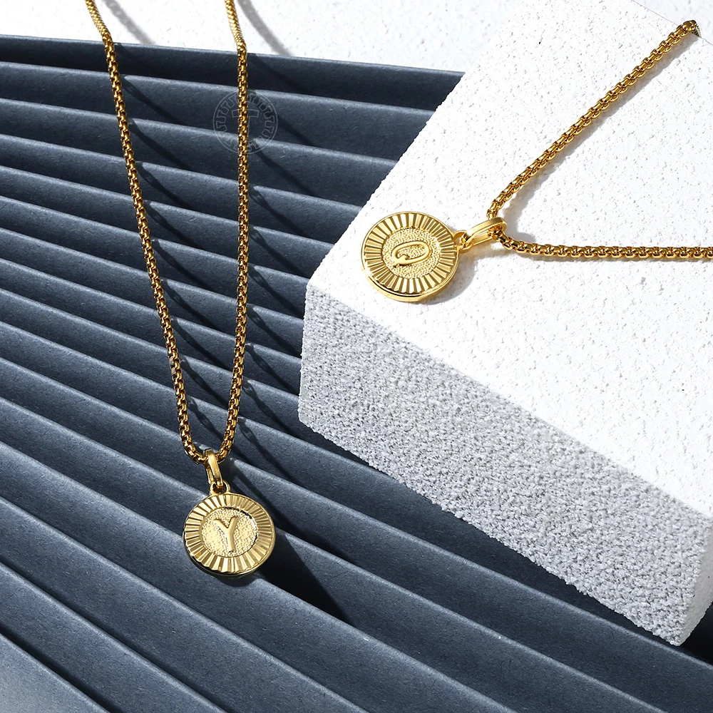 

New Fashion Gold Color Initial Letter Round Pendant 2mm Box Stainless Steel Chain Necklace Party Gift Jewelry 18inch DGP418