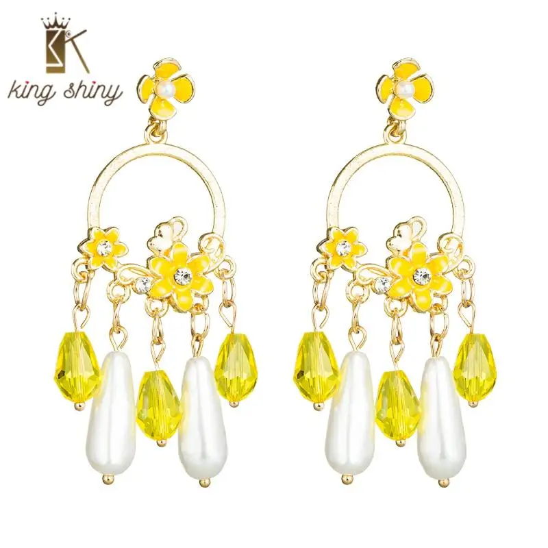 

Vintage Simulated Pearl Flower Dangle Earrings for Woman Elegant Hand Made Crystal Statement Drop Earrings Woman Party Brincos