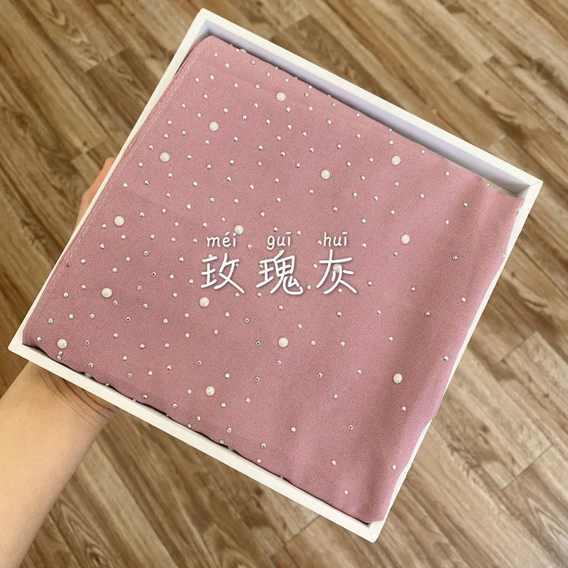 monochromatic gauze scarf color all over the star porcelain iron diamond pearl chiffon pure muslim hijab womem |