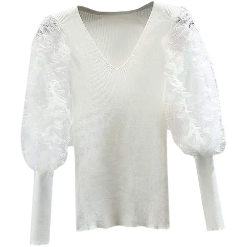 

Vintage Lace Patchwork Women's Sweaters 2021 Spring Autumn Lantern Sleeve Ladies Jumper Cute V-Neck Knitted Tops Female Pullover
