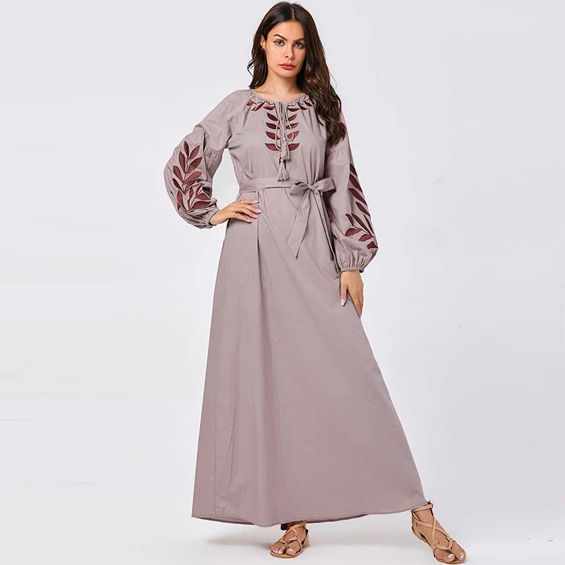 Мусульманская Мода размера плюс для женщин Дубай с вышивкой и буфами на рукавах