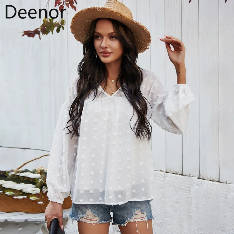 

Deenor Fashion Womens Long Sleeve Shirts Tops Polka Dot Blouses Elegant White OL Shirt Ladies Chemise Femme Blusa Streetwear
